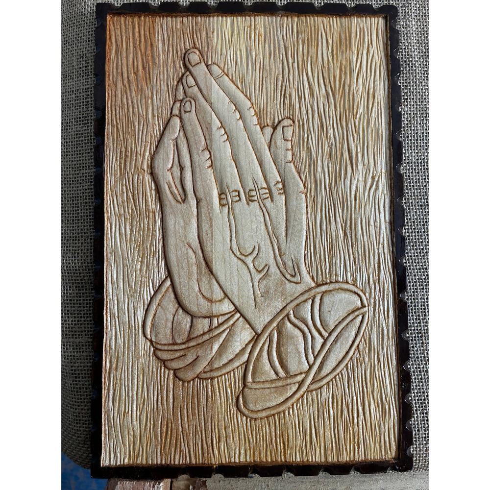 Vintage Hand Carved Wood Praying Hands Wall Plaque Religious Folk Art 12in God